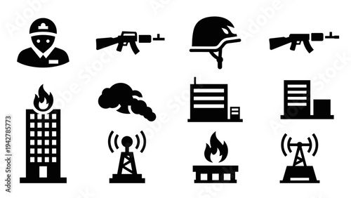 Black silhouette icons of war and safety: guns, helmets, buildings, and fires