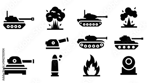 Military tank silhouette icons set featuring explosion and weapon elements