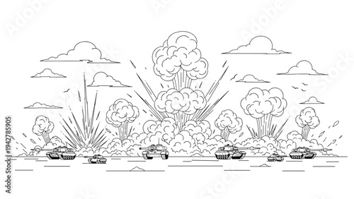 Explosive battle scene with tanks and clouds in linear black and white style