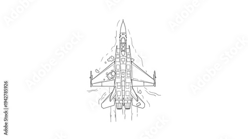 Top view of jet fighter plane with clean board outline design in technical style