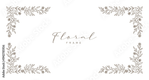 Floral hand drawn frame in a line style. Border with simple leaves, branches, and flowers. Vector design for card, wedding invitation, cover, banner, menu