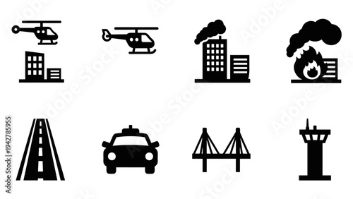 Essential emergency and infrastructure icons in simple silhouette style