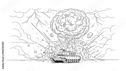 Linear art: tank and explosion scene amidst mountains and debris