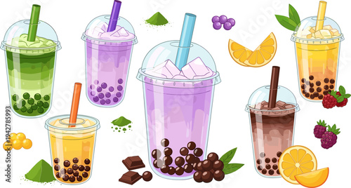 Colorful Bubble Tea Drink Collection with Matcha, Taro, Chocolate, Mango, Coffee, Tapioca Pearls, and Ice Cubes Refreshing Beverage Vector Illustration Set
