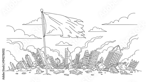 Linear art of war-torn landscape with tattered flag over ruined cityscape