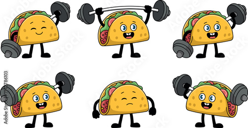 Playful cartoon tacos lifting weights with dumbbells and barbells, humorous fitness food illustration combining exercise, strength training, and healthy lifestyle.