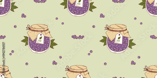 Seamless Pattern with Homemade Blueberry Jam in Glass Jar with ECO Label tag and Craft Paper Lid on Green Background. Horizontal forest berry harvest template. Vector Illustration