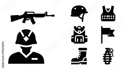 Military icons set: weapons, gear, and equipment in bold silhouette style