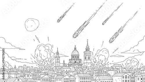 Meteor shower over historical cityscape: explosive drama in black and white linear art