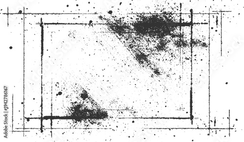 Black ink splatters and grunge frame on white background abstract texture