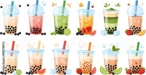 Colorful Bubble Tea Drink Collection with Strawberry, Grapefruit, Lime, Matcha, Milk Tea, Tapioca Pearls, Ice Cubes, and Plastic Cups Vector Illustration Set