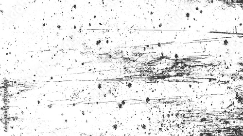 Black ink splatters and scratches on white textured background with halftone dots