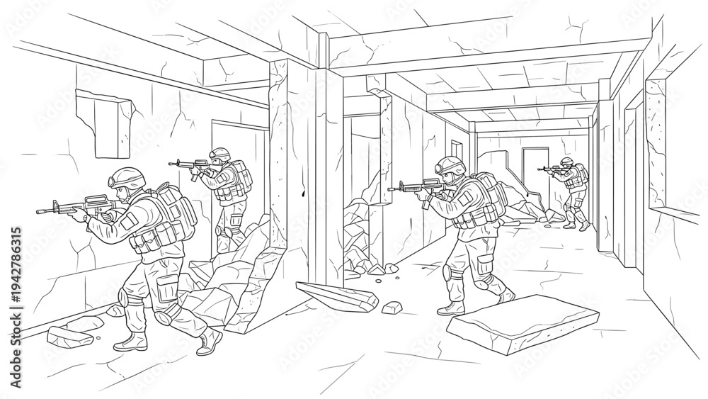 Obraz premium Military operation in urban ruins: soldiers advancing with tactical precision