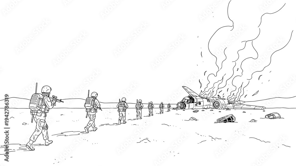 Obraz premium Military rescue operation near crashed aircraft in desert landscape