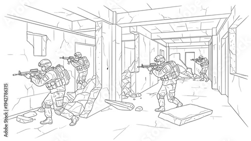 Military operation in urban ruins: soldiers advancing with tactical precision