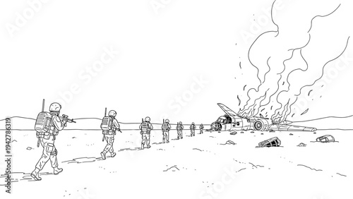 Military rescue operation near crashed aircraft in desert landscape