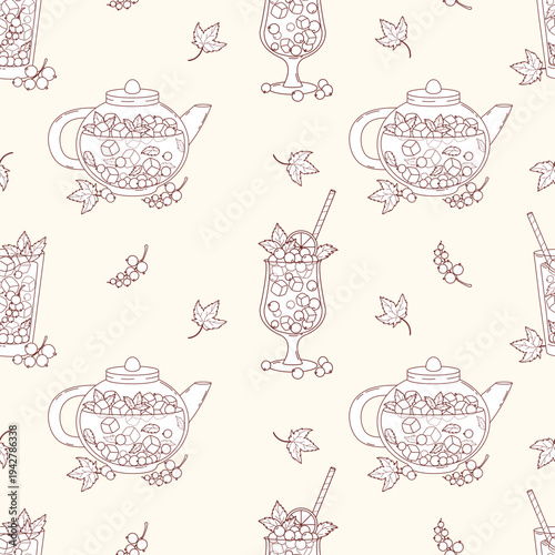 Seamless Pattern with Outline Teapot and Glassware for Currant Tea. Fruit Seasonal Drink with Ice Cubes, Berries, Mint in Glass on Light Background. Line drawing. Vector Square Illustration