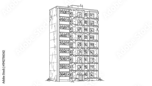 Detailed urban sketch of an abandoned apartment building with crumbling facade