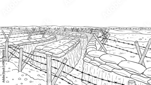 Detailed trench warfare scene with barbed wire in black and white line art style