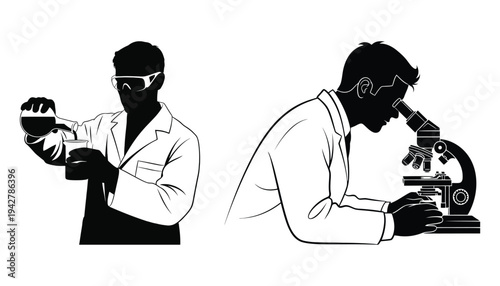 Scientist Silhouette Working with Microscope and Flasks