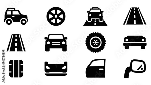 Silhouette icons of cars and road elements: wheels, highways, and vehicles
