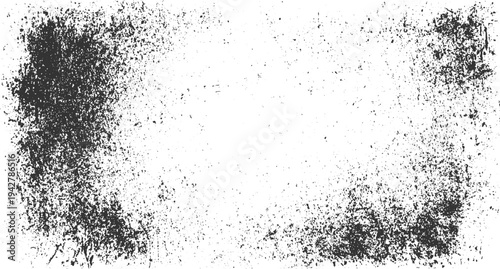Black ink splatter texture on white background with distressed grunge effect and scattered particles