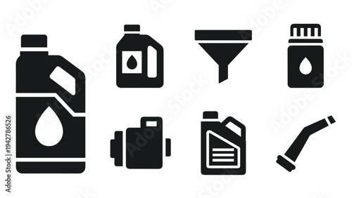 Silhouette icons of automotive fluids and accessories for vehicle maintenance