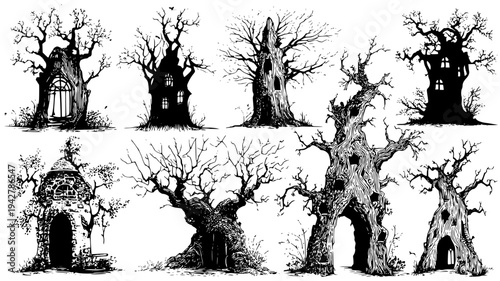 Enchanted tree set with hollow trunks and tiny windows, set of vectors