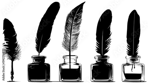 Feather quill set with glass inkwells and old parchment, set of vectors