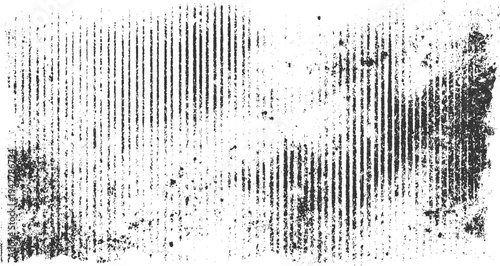 Black vertical distressed lines and speckles on white background textured abstract pattern