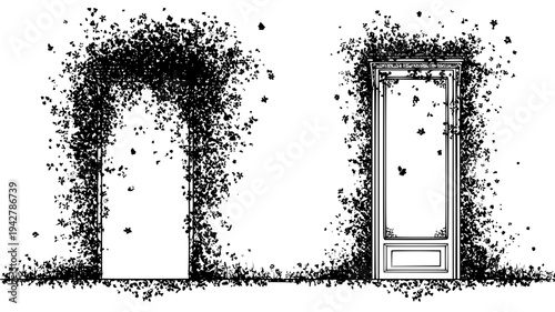 Floral door ornament series with sprawling vines and dainty petals, set of vectors