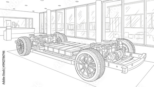 Isometric line drawing of an electric car's chassis in a modern showroom