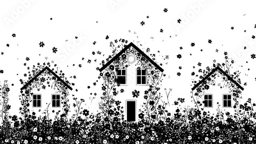 Flower dwelling family with pollen dusted windows and vines, set of vectors