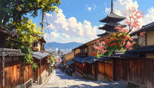 A scenic street in a traditional Japanese town, featuring a pagoda and vibrant foliage under a clear, blue sky