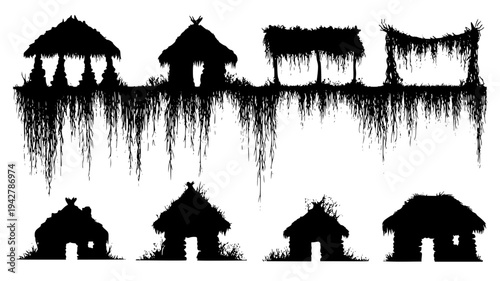 Forest shelter kit including stone huts and vine nets, set of vectors