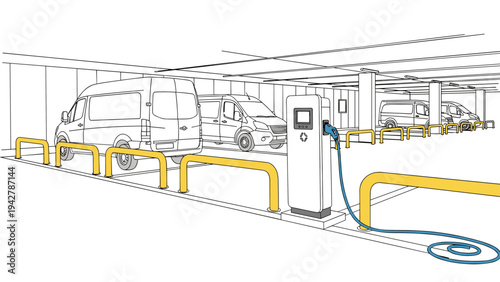 Electric vehicle charging station in underground parking garage with vans