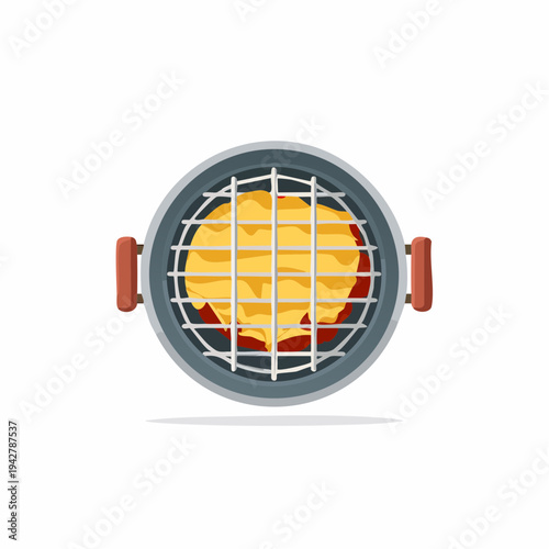 Top view of a charcoal grill with food cooking on a grate, outdoor cooking concept