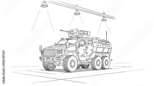 Line art armored military vehicle in garage setting with overhead lights