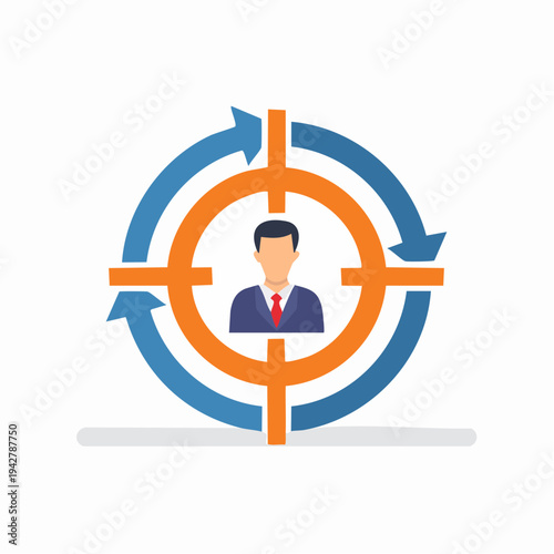 Targeted marketing concept. Business man in crosshair with arrows. Goal achievement metaphor.