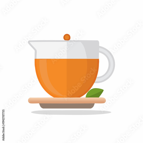 Orange tea in a transparent glass teapot with lid on a wooden tray.