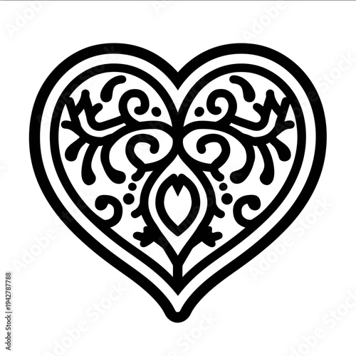 bold thick outlines Scandinavian folk art decorated Heart icon simple flat black line art on a white background clean and minimalistic with bold outline ex