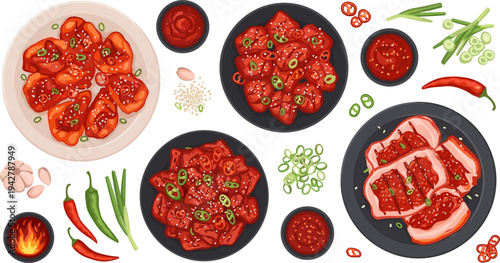 Korean Spicy Chicken and Pork BBQ Dish Collection with Gochujang Sauce, Chili Peppers, Garlic, and Green Onion Traditional Korean Food Vector Set