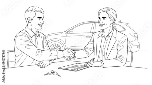Car purchase agreement with handshake in linear style