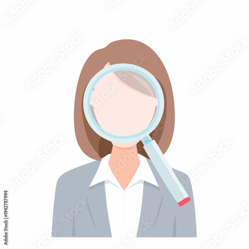 Illustration of a woman with a magnifying glass over her face, examining something, concept.