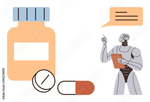 Healthcare innovation, AI in medicine, futuristic healthcare, digital health, pharmaceutical technology, smart robotics. Robot holding a tablet near pills and a medicine bottle. Healthcare innovation