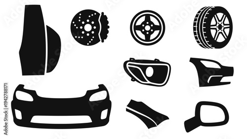 Automotive parts silhouette set featuring car components