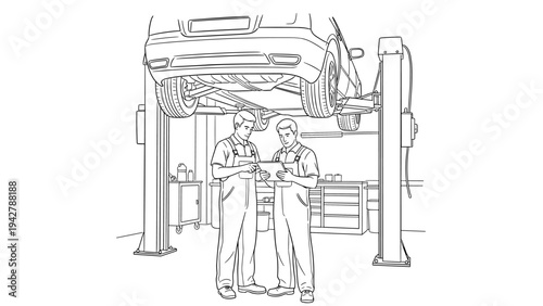Car maintenance scene with mechanics inspecting vehicle on lift in garage