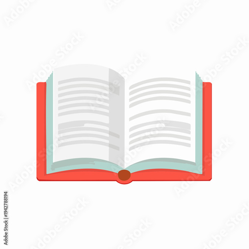 Open red book with white pages illustration. Reading, education concept.