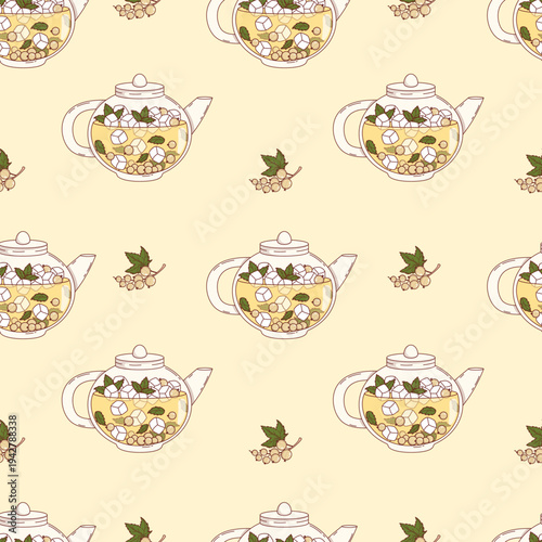 Fruit Tea with White Currants Seamless Pattern. Refreshing Seasonal Drink with Ice Cubes, Berries, Mint in Glass Teapot on Yellow Background. Vector Square Illustration