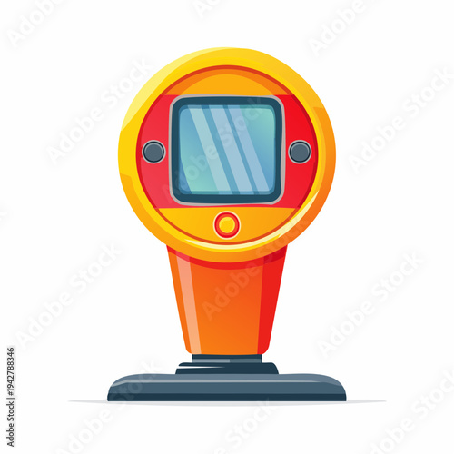 Cartoon-style parking meter in yellow, orange and red colors, vector illustration.